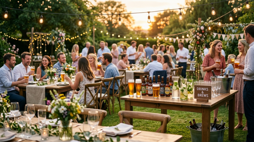 Outdoor garden party scene at golden hour with multiple tabl