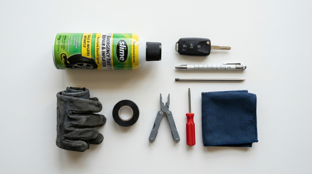 Flat lay overhead shot of puncture repair spray can next to