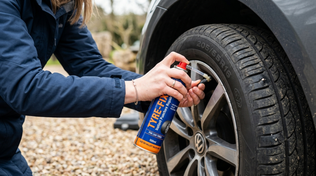Close-up action shot of someone holding a tire puncture spra
