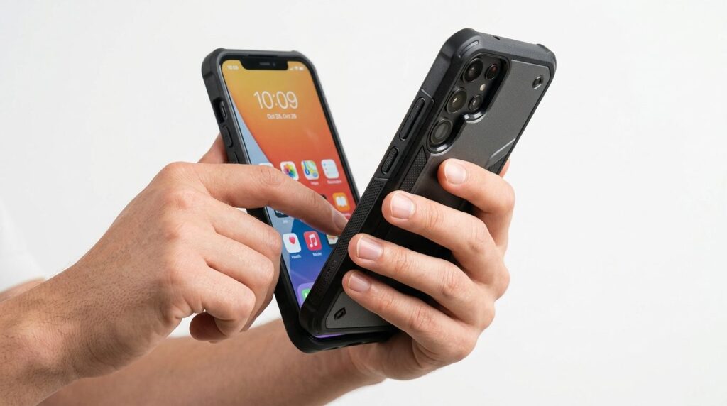 Close-up product shot of hands holding a smartphone with a d
