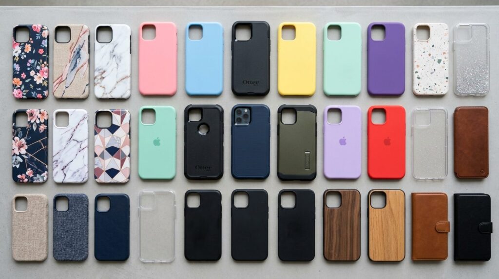 Flat lay arrangement of various smartphone cases in differen
